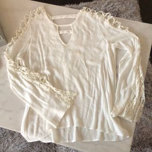 Vintage Havana white cream long sleeve lace beach V-neck blouse shirt dressy top